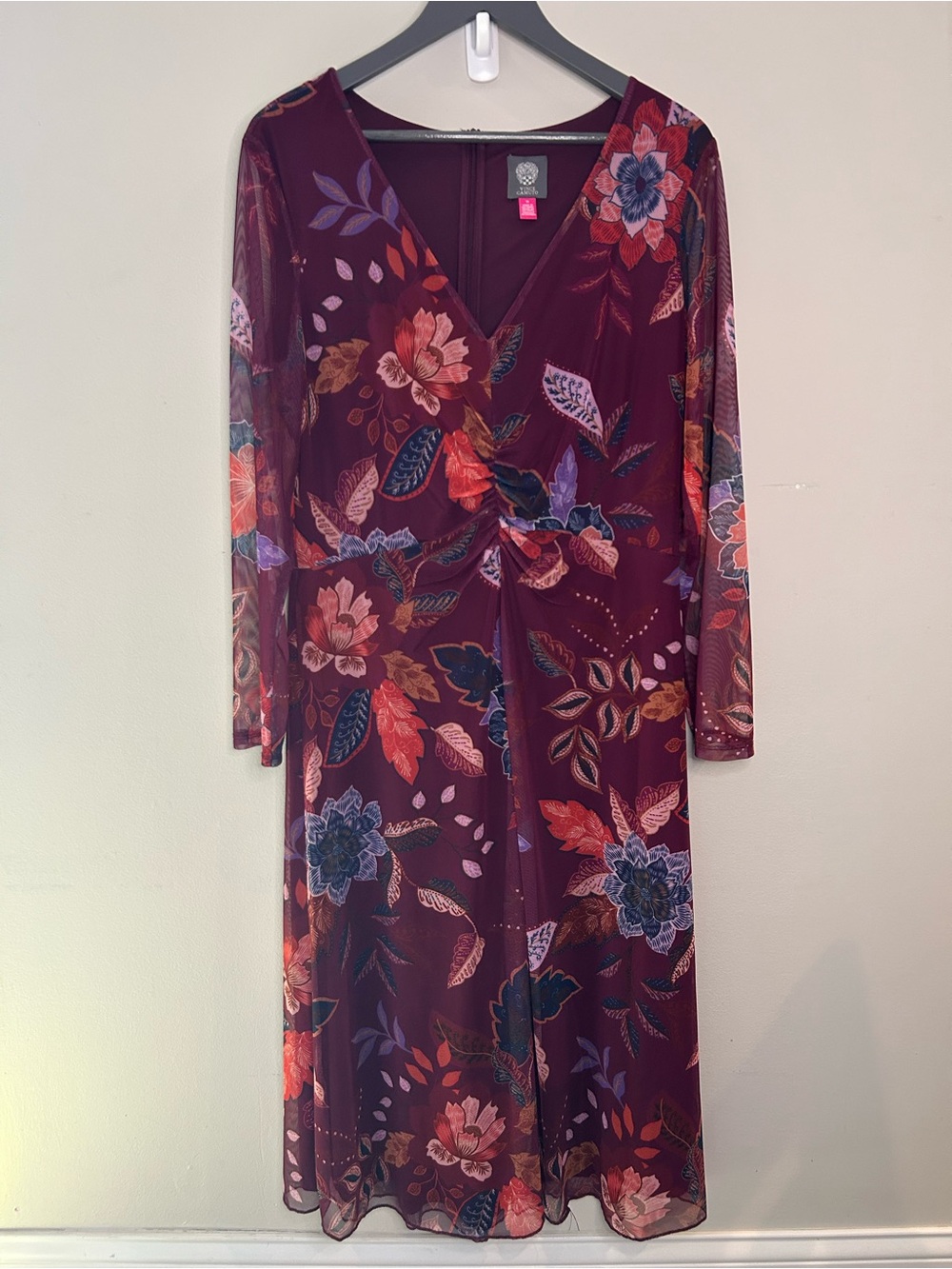 Vince Camuto Burgundy Floral Twist-Front Women's Dress Sz 16